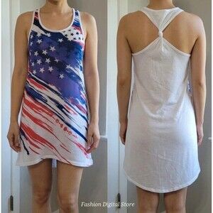 Vintage OP Ocean Pacific American Flag Racerback Dress Womens S Red Blue Olymp